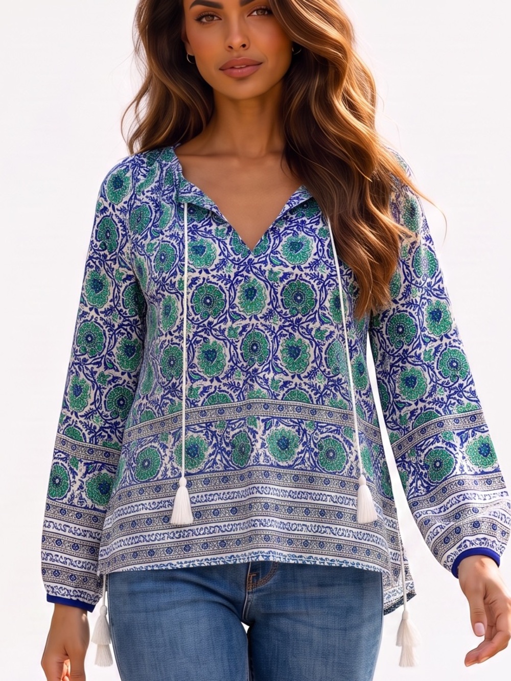 Cynthia Rowley Green & Blue Medallion Tie-Front Peasant Blouse
